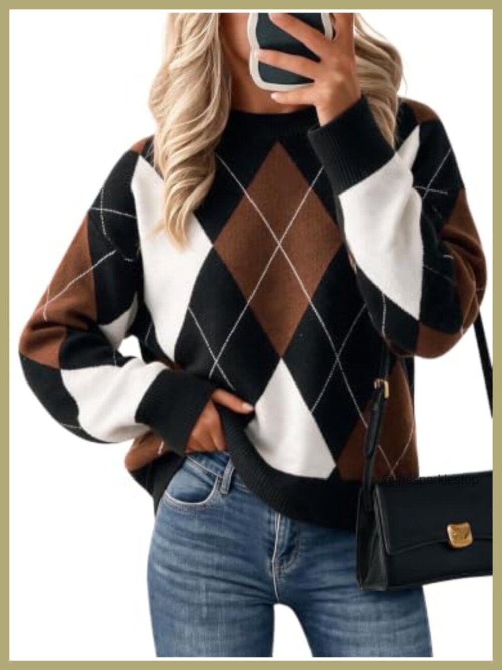 Argyle Plaid Color Block Knit Pullover Sweater Crew Neck Long Sleeve